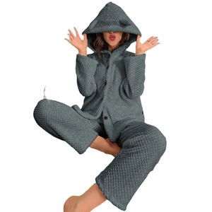 Thick dark gray waffle knit hooded pajama set with cute animal ear decor for women