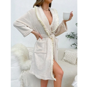 Elegant cream white coral fleece bathrobe with V-neck, ruffle trim and waist tie