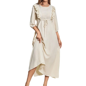 Elegant beige crewneck midi sleep dress with ruffle chest details and a drawstring waist