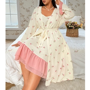 Women's 2-piece floral pajama set with tulip print, ruffled hem, and matching robe