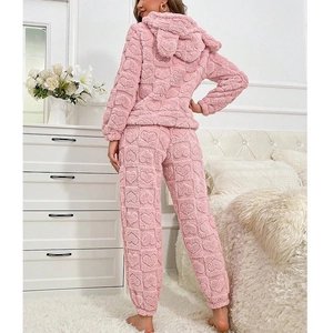 Pink heart embossed coral fleece pajama set with hooded top and elastic pants