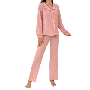 Pink sweet ruffles lounge set with long-sleeved cardigan and waffle texture pants