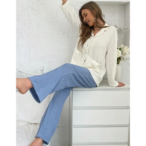 Women waffle knit pajama set with cream long sleeve cardigan and light blue pants