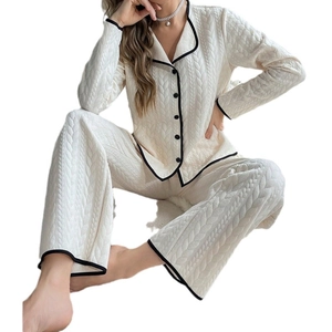 Thickened cable knit pajama set in cream white with black contrast piping and buttons