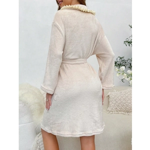 Women's cream coral fleece robe with large lapel and waist tie for winter comfort