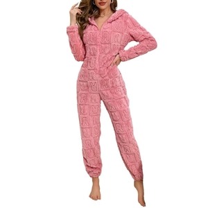 Pink fleece hooded onesie for women with embossed rabbit patterns and zipper closure