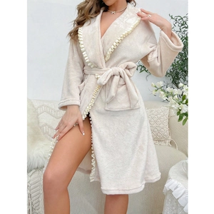 Women Warm Coral Fleece Robe Elegant Ruffle Trim Loungewear Waist Tie Plush Bathrobe For Autumn Winter Daily Home Leisure