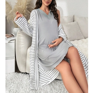 Maternity sleepwear set featuring a grey V-neck lace dress and a striped long cardigan
