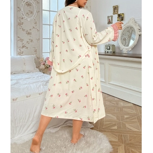 Floral print tulip sleepwear robe with pink ruffle cuffs and matching waist tie