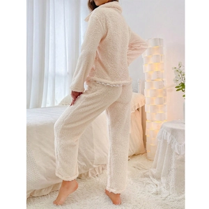 Thick warm plush pajama set for women with fleece lapel and delicate lace trim accents