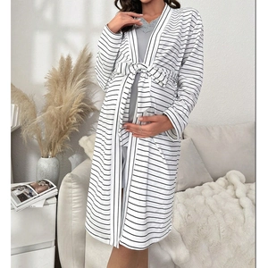 Striped maternity loungewear set featuring long sleeve wrap robe and lace trim inner dress