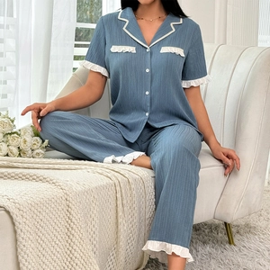 Short sleeve loungewear set in dusty blue with white ruffle trim and button collar