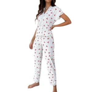 Women's two-piece cherry print pajama set with lace trim and elegant V-neck design