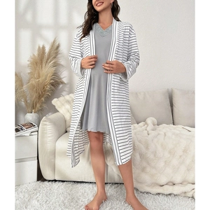 Women's maternity pajama set with striped cardigan and lace grey V-neck nursing dress