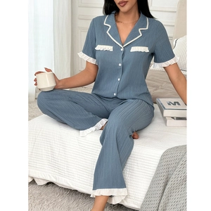 Women's 2-piece soft pajama set with lapel cardigan and ruffled pants in dusty blue