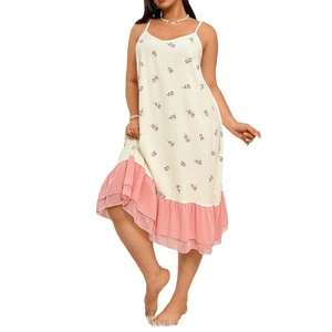 Floral print pajama dress set with ruffle hem and thin straps in loose fit style