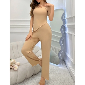 Women's two-piece loungewear set in khaki ribbed knit with asymmetric hem and ruffle trim