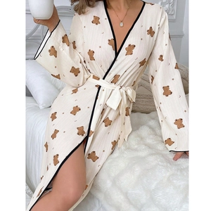 Cute cartoon bear print pajama robe with V-neckline and tie waist belt for women
