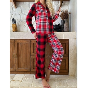Women's vintage red and black plaid pajamas set with button-down shirt and long pants