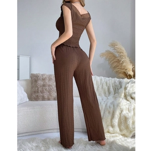 Women's brown lace-trim V-neck pleated lounge set with short sleeve top and long pants