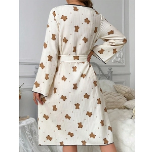 Women's cute bear print lounge robe with waist tie and black contrast piping detail
