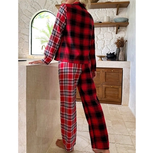 Women's plaid pajama set with red and black flannel lapel shirt and pants