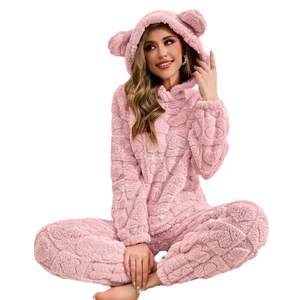 Pink coral fleece pajama set for women with cute bear ears on hood and diamond textures