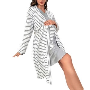 Striped maternity sleepwear set with long sleeve robe and v-neck tank dress for comfort