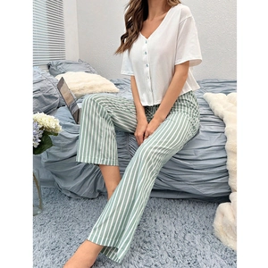 Women's V-neck pajama set with white short sleeve top and green striped pants for home wear
