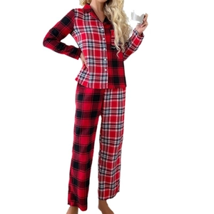 Classic red and black plaid cotton flannel pajama set for women with lapel collar