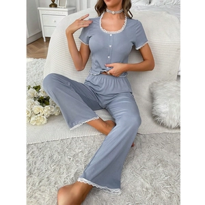 Women Sweet Grey Blue Ribbed Knit Loungewear Set Lace Trim Heart Button Round Neck Top And Bottom Pajamas Set
