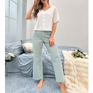 Women Casual Pajamas V Neck Short Sleeve Button Down Top And Green White Striped Long Pants Loungewear For Home Sleep