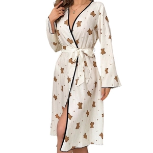 Cute bear print long-sleeve bathrobe with black piping and adjustable drawstring waist