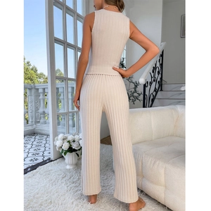 Beiges Damen Rippstrick Lounge-Set mit ärmellosem Oberteil und weiter Hose für Zuhause