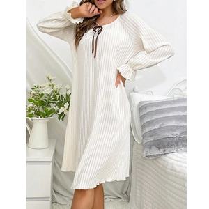 Ribbed long sleeve nightdress with bow detail and ruffle cuffs in beige color