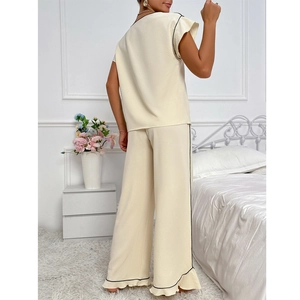 Damen Schlafanzug-Set in Beige mit Bärenprint, Kurzarm-Oberteil und weite Hose