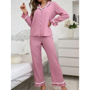 Pigiama a Costine Casual da Donna con Volant Camicia a Maniche Lunghe e Pantaloni Rosa Rosso Abbigliamento da Notte