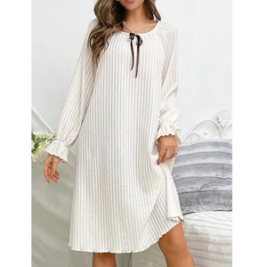 Cream long sleeve ribbed nightdress with bow detail and ruffle cuffs for women