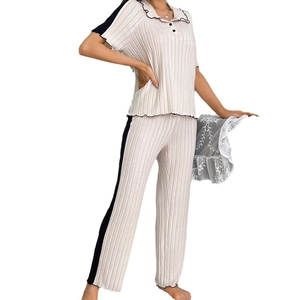 Women's lounge set with lapel short sleeves and contrast stripe pants in beige knit