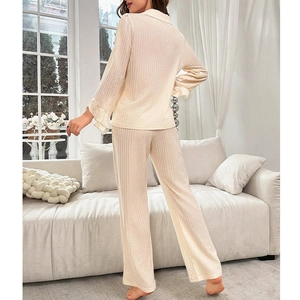 Women beige ribbed knit pajama set with lapel collar and ruffle cuffs lounge wear