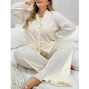 Women's plus size cream pajama set with V-neck ribbed cardigan and ruffled hem pants