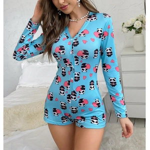 Combinaison pyjama bleue à manches longues avec imprimé panda et col en V profond