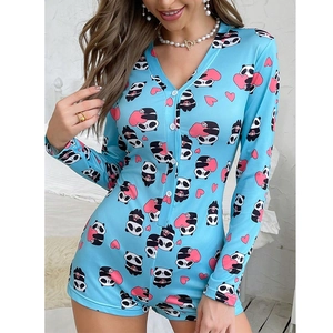Combinaison pyjama femme à manches longues col V avec imprimé panda et cœur bleu vif