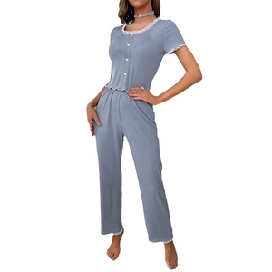 Women's 2-piece soft blue pajama set with short sleeves, lace trim and heart buttons