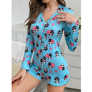 Combinaison pyjama bleu ciel à manches longues et col V avec motif de panda