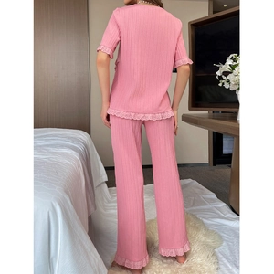 Pink striped knit lounge set for women featuring delicate lace trim and back view