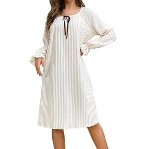 Sweet cream loose pajama dress with bow detail and ribbed long sleeves for women