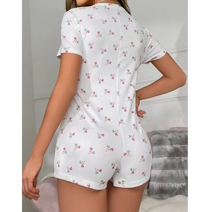 Combishort pour femme à imprimé floral blanc et rose avec col en V et manches courtes