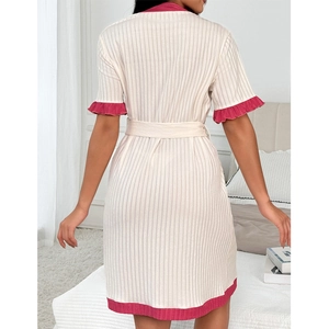 Women's V-neck knit bathrobe with contrast trim and belted waist in cream white color