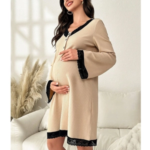 Lace-trimmed apricot knit maternity nightgown with button V-neck and loose comfort fit